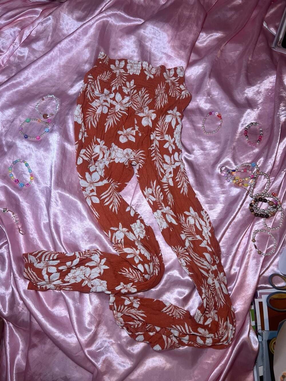 Orange and White Floral Patterned Crinkle Lounge Pants